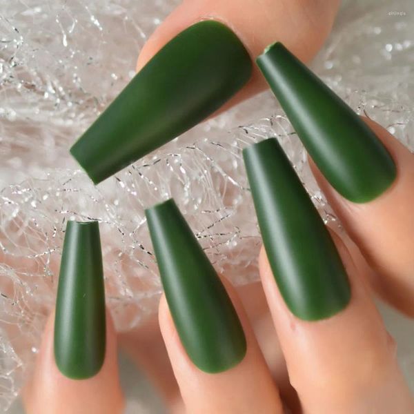 Faux ongles 24 pièces couverture mate longs ongles forme de ballet couleur unie vert acrylique manucure à la maison presse sur tendance