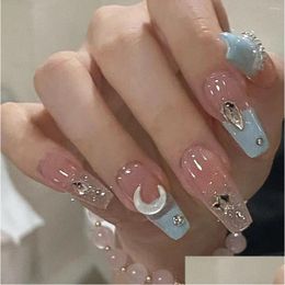 Faux ongles 24 pcs Moon Star Presse sur diamant cristal long brillant dégradé acrylique faux pour les femmes et livraison directe Dhebo