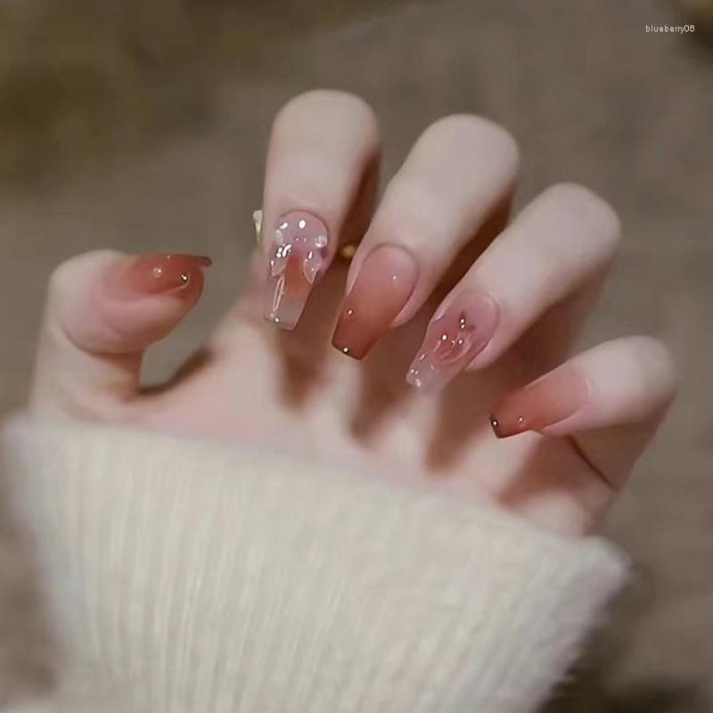 Unhas postiças 24 peças Nude Jelly Color Full Nail Tips Press On Fake With Bowknot Design Cola For Women Lady Gifts Salon