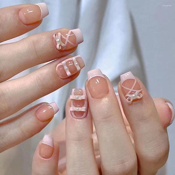 Falsas Nails 24 PCS Pink Sweet French Tip Ballet Estilo Diseño Lindo 3D Bowknot Pearl Wearable Fake Press en DIY Manicura