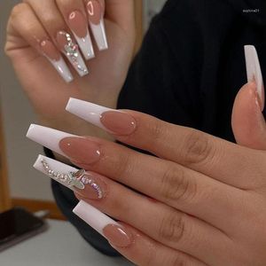 Faux ongles 24 pièces presse sur long faux acrylique Ballet français blanc éclairer papillon ruban adhésif colle ongles conception conseils