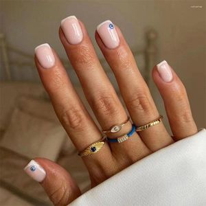 Faux ongles 24 pièces/ensemble pointe française presse avec motif d'oeil de démon couverture complète blanc Ins Style Simple fausse manucure courte