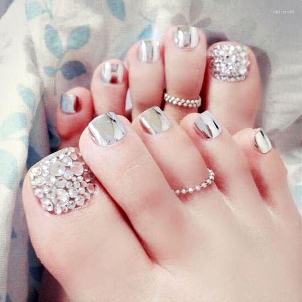 Faux ongles 24 pcs été beauté orteil argent pour pied ongles de haute qualité avec colle artificielle strass