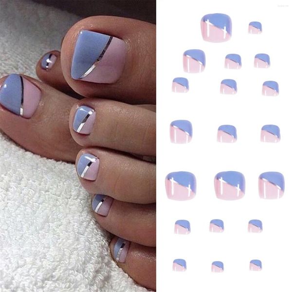 Faux ongles 24 pièces ongles laque bleu couverture complète couleur pure orteil ongles pied art moyen gel orteils acrylique clair conseils longs