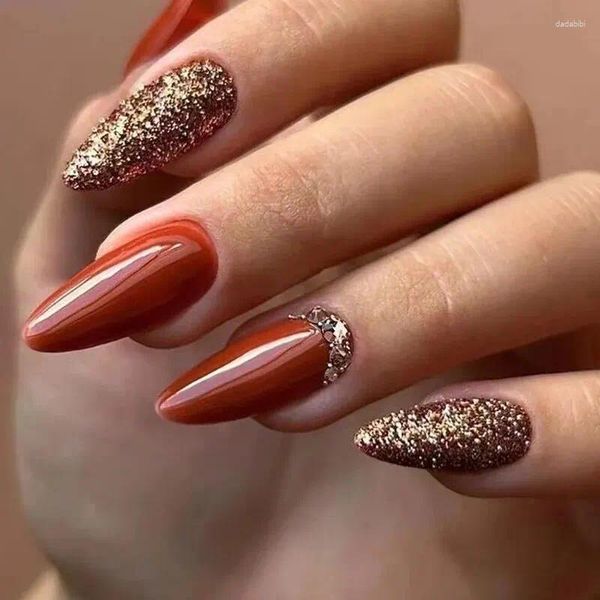 Faux ongles de 24 pièces longues françaises à paillettes minimalistes Nail diamant avec 1 gel de gelée et fichier