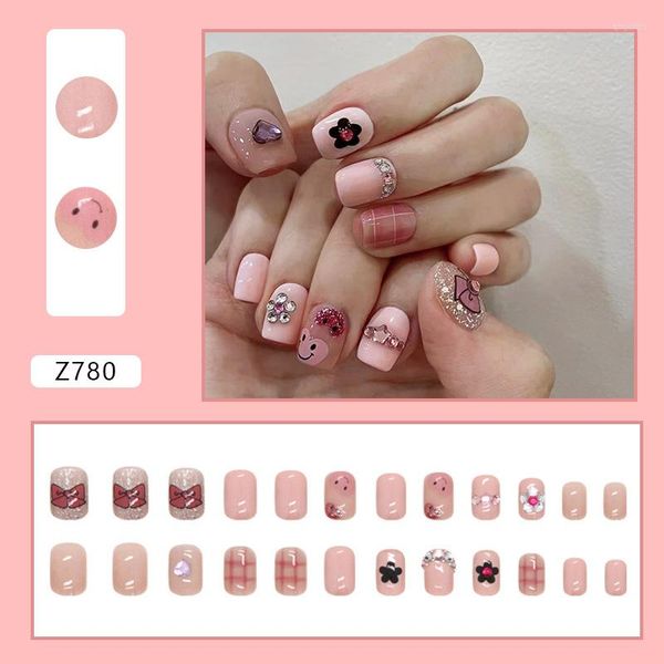 Faux Ongles 24 Pièces Doigt Diamants Cool Fille Douce Y2K Mignon Sourire Rose Paillettes Couverture Complète Gelée Colle Portable Presse Sur