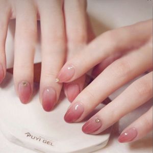 Uñas postizas 24 piezas Cubierta completa Cristal falso Elegante Gradiente rosa Forma de elipse corta francesa 230214