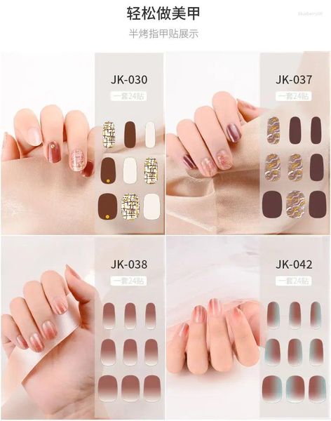 Falsas Nails 24 tiras Semi Cured Gel Pegatinas de uñas Set para lámpara UV Cubierta completa Manicura de color sólido DIY Parche de moda para mujer