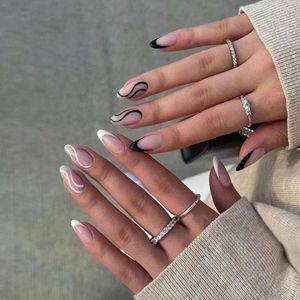 Valse nagels 24 -st Franse amandelgouden glitter pailletten druk op nep patch volledige dekking draagbare kunstmatige acryl -tips