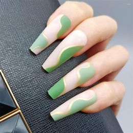 False nagels 24 -st set camouflagepatroon ontworpen spijker met gouden lijn groene matte pers op tip kist lang volwassen manicure decor