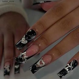 Valse nagels 24 stks/1box zwart Frans dragen zoete en coole nagel patch glitter liefdesterren in Europa en Amerika donkere afdeling nep nagel y240419 y240419