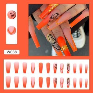Faux ongles 24 pièces/1 boîte Nail Art avec colle coucher de soleil papillon Orange décorations de base couverture complète fausse manucure longue tranche