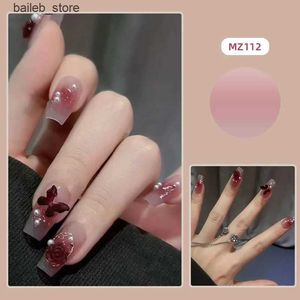 Faux Nails 24pcs / 1box Nouveau glace rouge portant un pur arc camellia nail patch hot girl faux ongles y240419 y240419