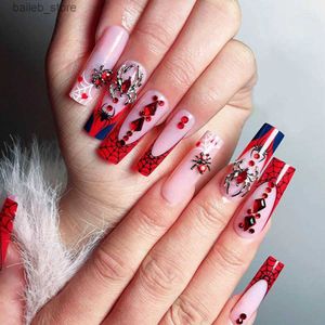 Valse nagels 24 stcs 3D spider nep nagels rode Franse balletcore pers op nagels volledige dekking draagbaar voor dame vrouwen Europese valse nagelpatches y240419nor77