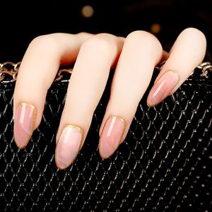Valse nagels 24 -stam amandelontwerp acryl roze marmeren medium scherpe stiletto nail art kit diy vinger patch salon tips z105