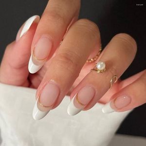 Faux ongles 24pcs amande faux ongles avec bord blanc courbe d'or conçoit des conseils d'art presse sur les femmes filles manucure