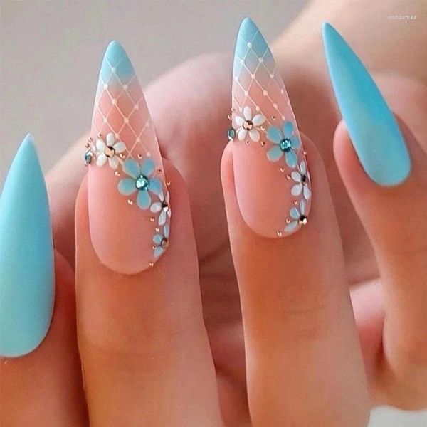 Faux ongles 24 pièces amande faux avec motif de fleur détachable Stiletto ongles portable bleu français couverture complète presse sur les conseils