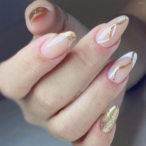 Faux ongles 24 pièces tête d'amande faux ongles conseils paillettes feuille d'or français vague conception couverture complète portable presse sur pour les filles