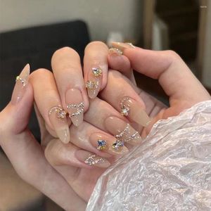 Valse nagels 24 -stam amandel nagel glanzende vlinder strass rhinestones decor volledige afgewerkte manicure acryl tips glitter ontwerppers aan