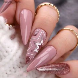 Valse nagels 24 -stam amandel roze valse nagels met sterrenpatroon nail art nep nagels champagne glitter ontwerppers op nagel tips voor meisjes vrouwen y240419