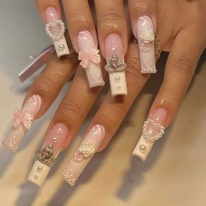 Valse nagels 24 -stcs kunstmatige borgtochten met lijm nep nagels tips met ontwerp afneembare pers op nagels lange nep nagel voltooide nagelstuk sticker z240531