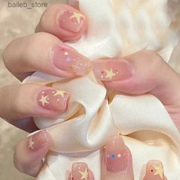 Valse nagels 24 -stcs kunstmatige nageltips met lijm korte/lange valse nagels draagbare roze sterrenpatroon ontwerp nep nagel volle dekking druk op nagel y240419lugw