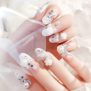 Faux ongles 24pcs mariage artificiel 3d fleur résilière en perlé presser avec autocollant de colle potothérapie nuptiale longue fausse