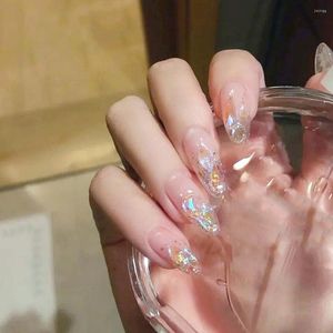 Valse nagels 24 -stcs Aurora Diamond met glittere -strass Regginestonen Lange kist nep nagelsticker Volledig deksels Pers aan