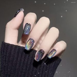 Kunstnagels 24 stks Aurora Nail Cat Eye Zwart Nep Volledige Cover Glitter Doodskist Druk Op Bruid Dame Manicure Acryl Tip