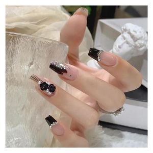 Faux Nails 24pcs Black Camellia Manucure Press-On recyclable Couverture complète Sticker Nail pour décoration à la main Art