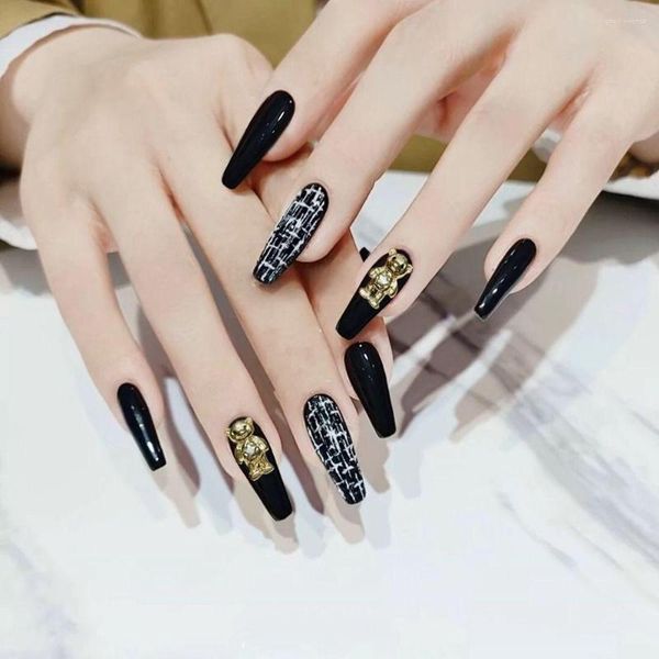 Faux Ongles 24Pcs Cercueil Noir Wearable Gold Bear Designs Nail Tips Press On Full Cover Long French Fake