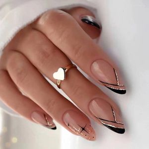Faux ongles 24 pièces noir français faux amande paillettes conception couverture complète presse sur ongles conseils femmes dame artificielle acrylique ongles