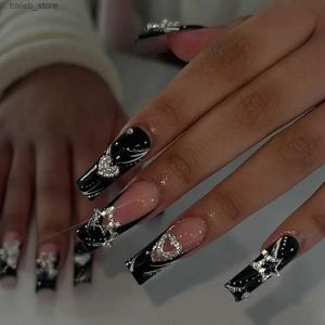 Valse nagels 24 -stks zwarte Franse valse nagels met strass Pearl Long Ballet Fake Nails Flame Design Press op nagels Wearable Coffin Manicure Y240419
