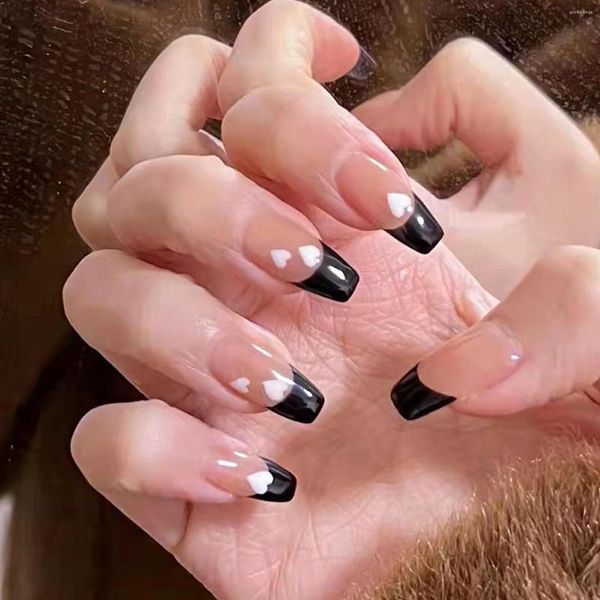 Faux ongles 24 pièces noir français avec amour coeur conceptions portable longue ballerine fausse presse sur cercueil plein ongles conseils