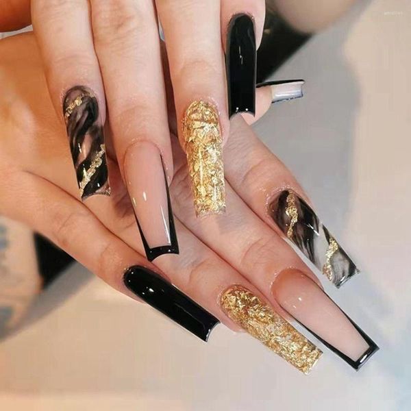 Uñas postizas 24 Uds., lámina de oro negro, patrón de corazón largo, ataúd de bailarina, cubierta completa falsa, puntas de uñas, prensa en manicura