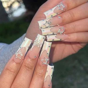 Valse nagels 24 stks zwarte lange kist valse nagels sterren hart met strijkbeen Frans ontwerp draagbare nep nagels glitter druk op nagels tips t240507