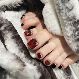 Faux ongles 24pcs noir rouge chat oeil ongles à la main pothérapie avec colle presse portable sur les pointes courtes des orteils