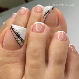 Faux ongles 24pcs noir blanc ligne strass presse sur faux orteil couverture complète artificielle acrylique ongles femmes nail art décoration
