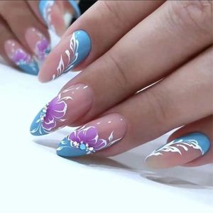 Kunstnagels 24 stks Blauwe Amandel Met Bloem Diamant Franse Stiletto Nep Volledige Cover Draagbare Nail Tips Druk op