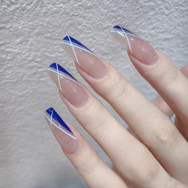 Faux Ongles 24 PCS Bleu Bordure Nail Patch Style Français Conception Amovible Cercueil Ballerine Femmes Lady FalseNail Artificiel Prud22