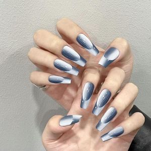 Faux ongles 24pcs Blue Cat Eye artificiel français long cercueil ballet pour filles portable presse sur manucure détachable