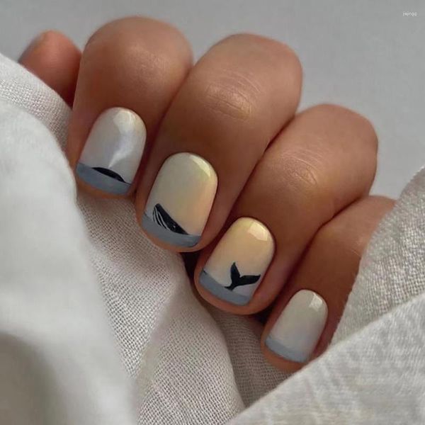 Uñas postizas 24 piezas Blue Coastline French Sea Whale Press On Luxury Short Round Manicure Fake Acrylic Nail Art Tips