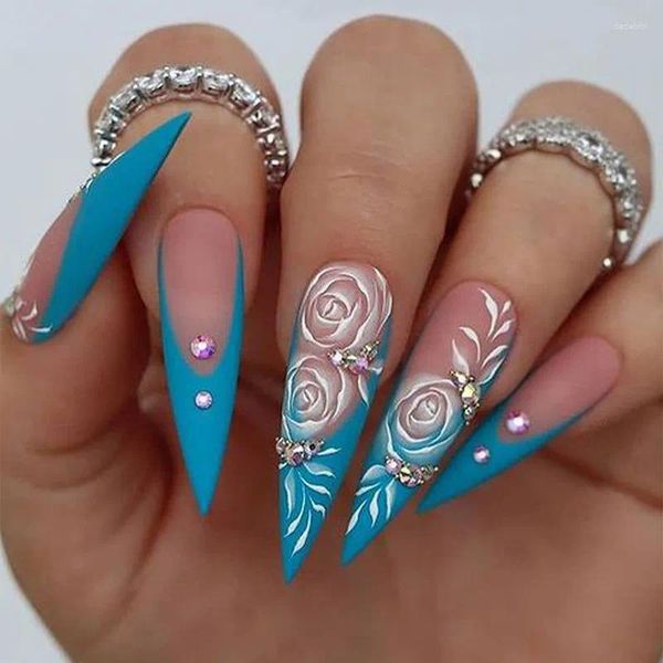 Uñas postizas 24 piezas azul francés borde biselado diseño de flores cubierta completa Stiletto puntas de uñas 3D diamantes de imitación almendra larga falsa