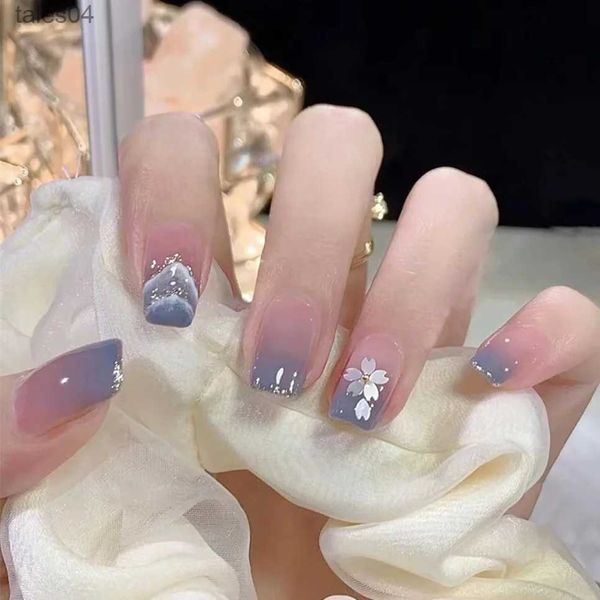 Uñas postizas 24 piezas Azul degradado Halo Glitter Fragmentos Uñas postizas usables Uñas postizas acrílicas cortas y removibles Cobertura completa Prensa en uñas Art YQ231115