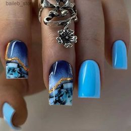 Valse nagels 24 -stcs blauwe inkt halo valse nagels goudfolie ontwerppers op nagel draagbare vierkante kop kunstmatige nep nagels manicure patches y240419