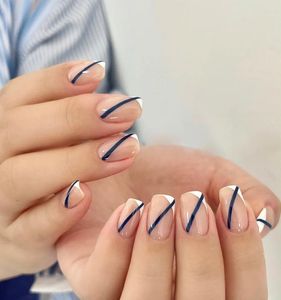 Valse nagels 24 -stcs blauwe lijnen nagelpatch lijm type verwijderbare korte paragraaf mode manicure bespaar tijd dl