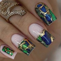 Valse nagels 24 stks blauw marmeren Franse nep nagels korte ballet print ontwerpen valse nagels druk op volledige deksel acryl nagel tips manicure set y240419