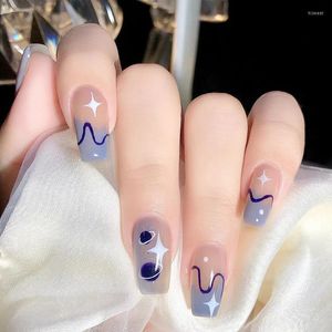 Faux ongles 24 pièces bleu ciel faux ongles courts Art bouts d'ongles appuyez sur bâton avec des conceptions couverture complète artificielle portable clair