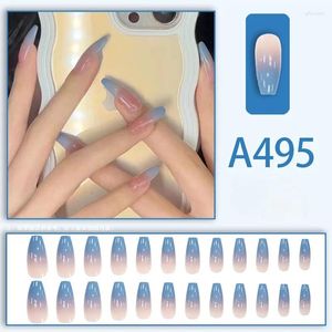 Kunstnagels 24 stuks blauwe stijl kunstmatige acryl nageltips druk op korte neplijm voor dames meisjes met gelei