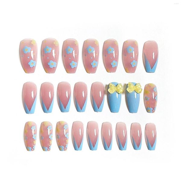 Faux ongles 24 pièces nœud fleur imprimé ongle Patch Type de colle amovible Long paragraphe mode manucure gagner du temps autocollant